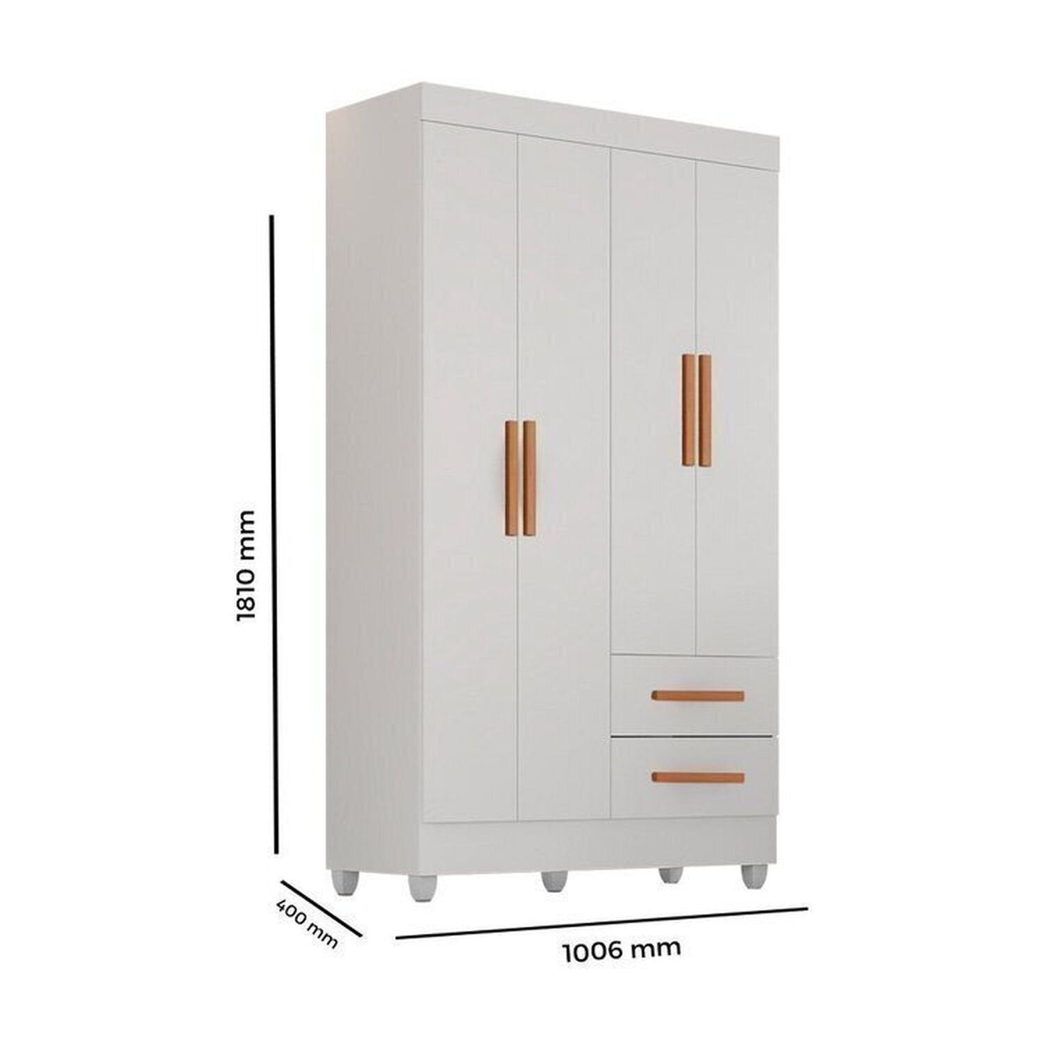 Quarto Bebê Infantil com Guarda-Roupa 4 Portas e 2 Gavetas e Cômoda 4 Gavetas Branco Móveis Leão