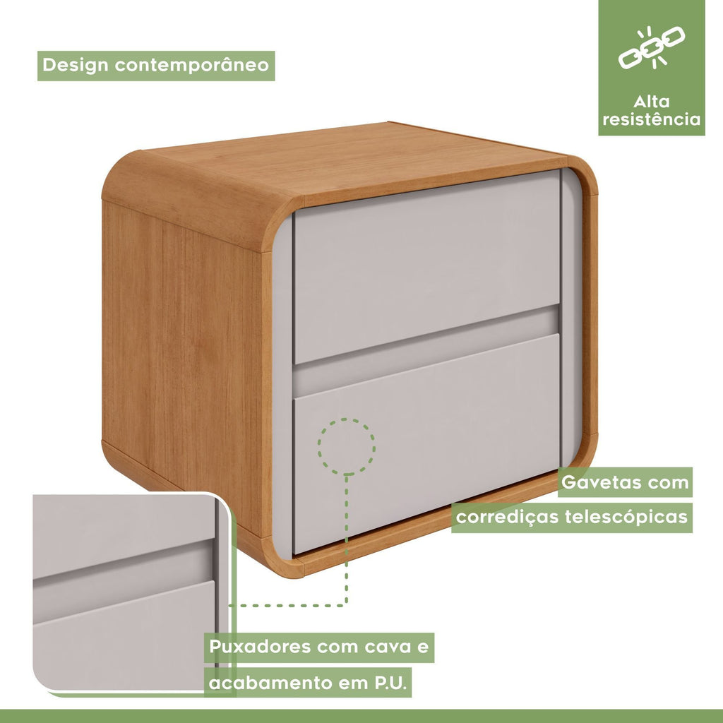 Kit 3 Peças com 2 Camas de Solteiro e Mesa de Cabeceira Loop Bege Amêndoa Clean/Off White Móveis Lopas