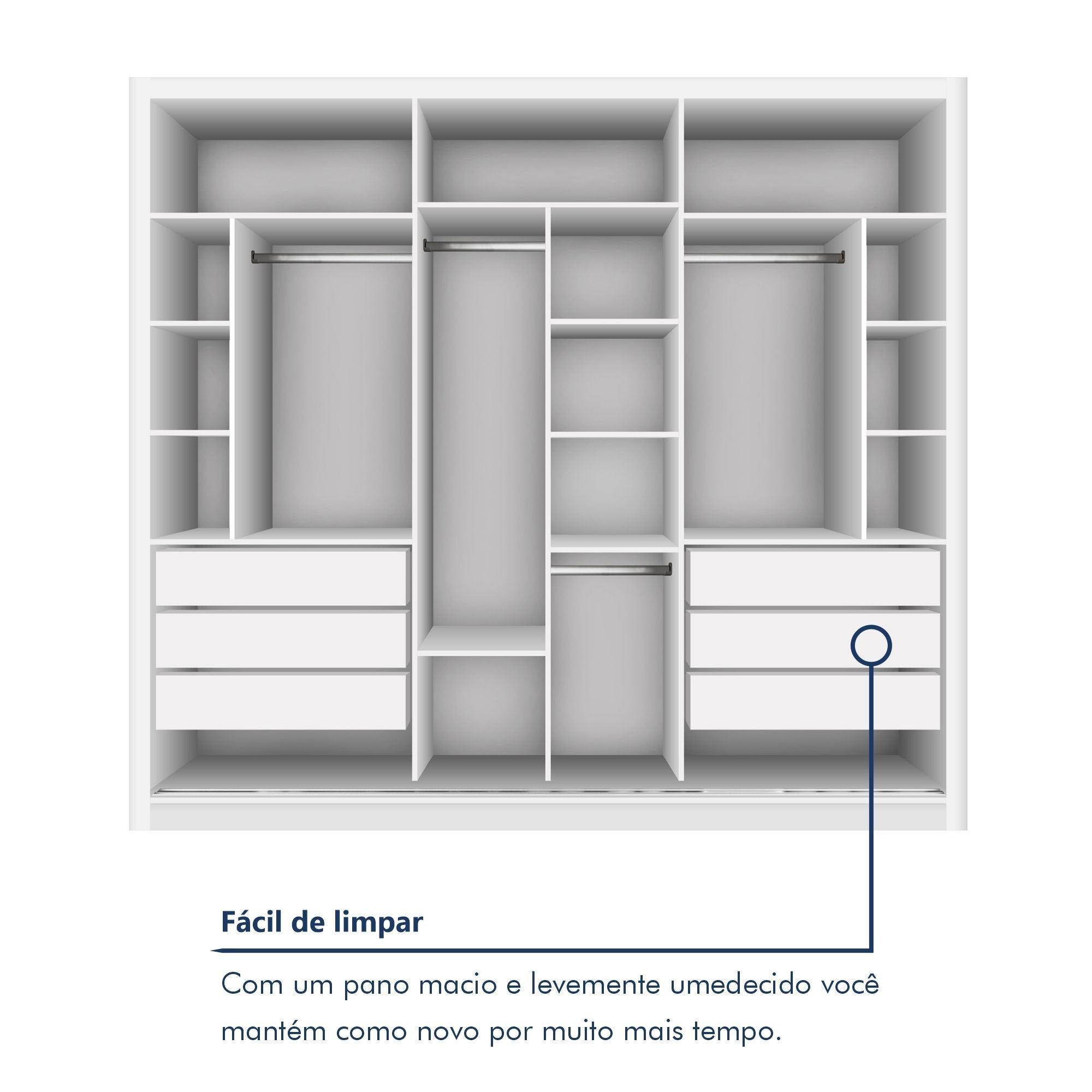 Guarda-Roupa Casal 3 Portas 6 Gavetas com Espelho Premium Lux Yescasa MDP Branco 242cm