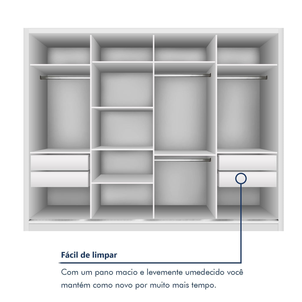 Guarda-Roupa Casal 4 Portas 4 Gavetas com Espelho Premium Zara Yescasa 100% MDF Branco