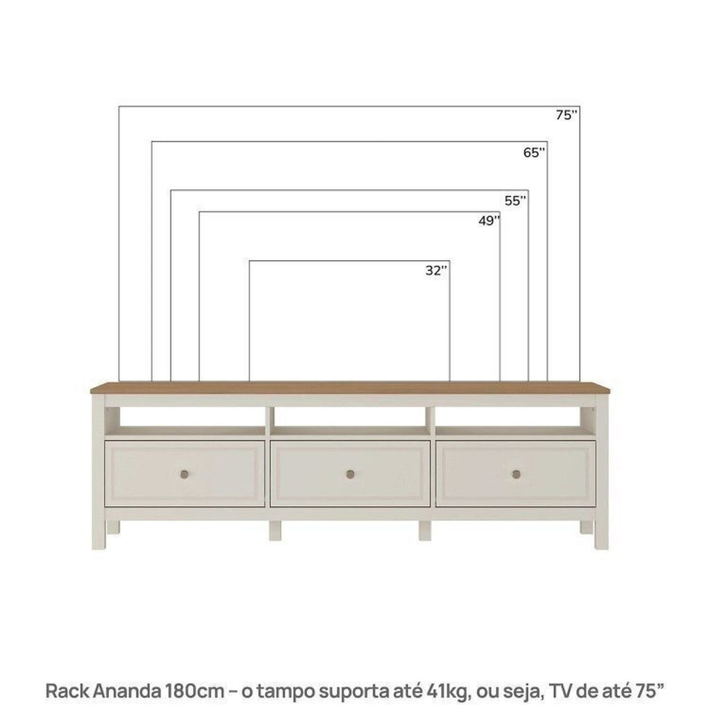 Conjunto Sala de Estar 2 Peças com Rack e Estante Ananda CabeCasa MadeiraOriginals Branco Off White/Mel