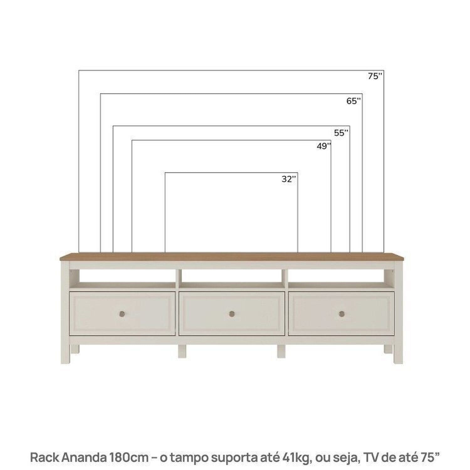 Conjunto Sala de Estar 2 Peças com Rack e Estante Ananda CabeCasa MadeiraOriginals Branco Off White/Mel