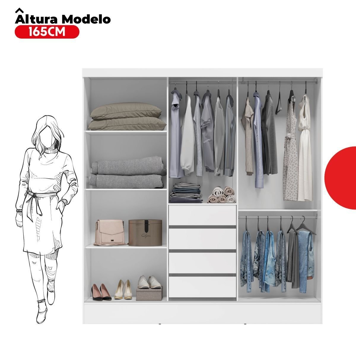 Guarda-Roupa Casal 3 Portas de Correr 4 Gavetas com Espelho Plata Demóbile MDP Branco