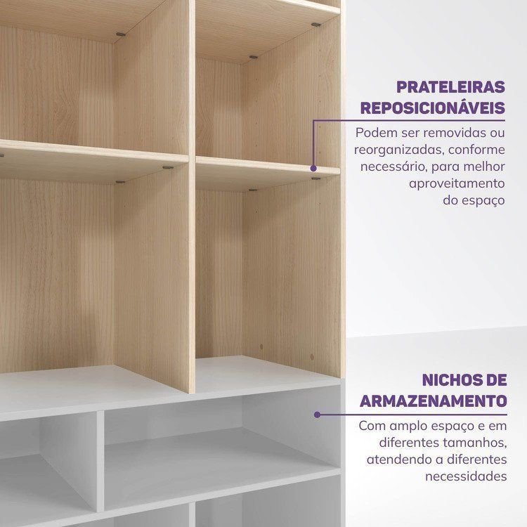 Quarto Infantil Completo Cama Elevada com Cômoda Escrivaninha Armário Artsy e Guarda-Roupa 4 Portas Curió Casatema MadeiraOriginals Natural