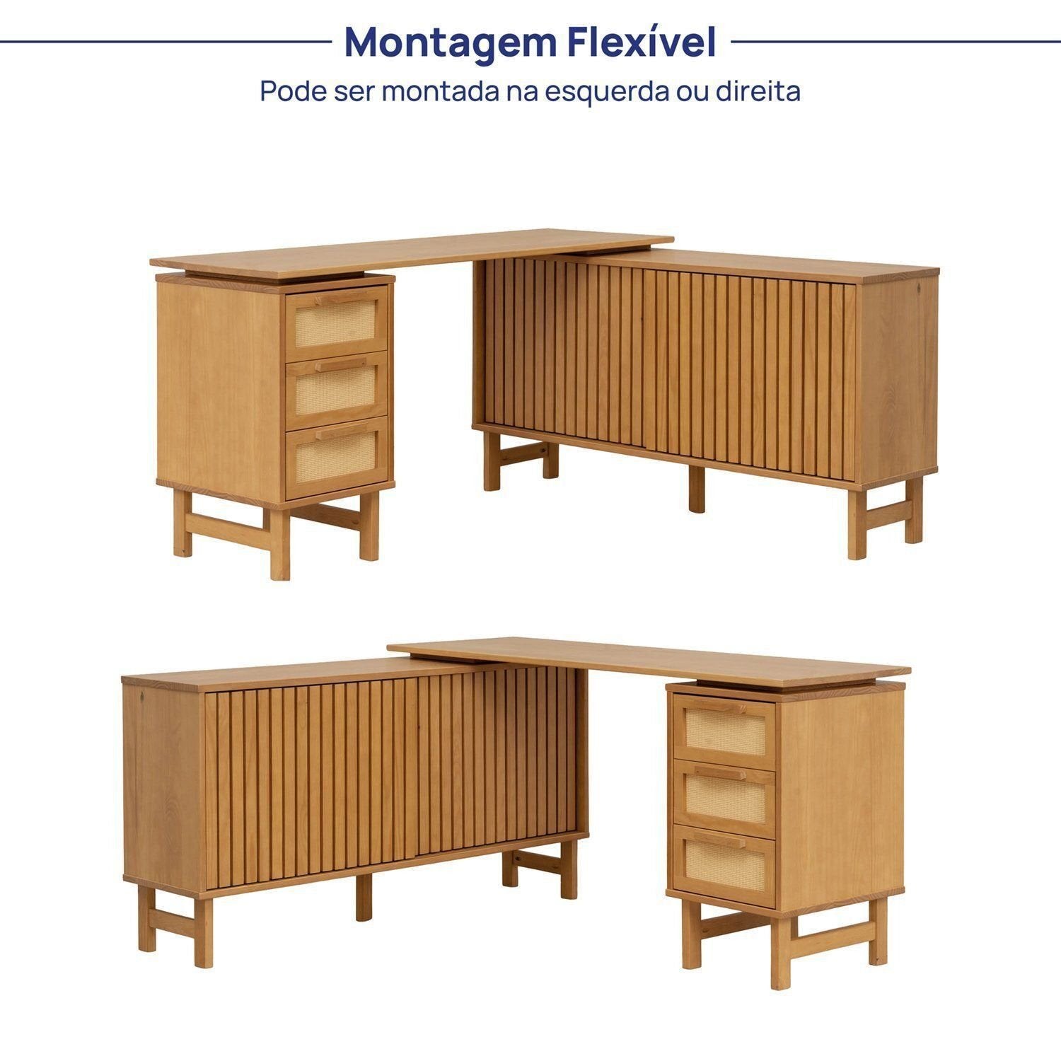 Escrivaninha em L Madeira Maciça 3 Gavetas Rattan e Portas Ripadas Magna CabeCasa MadeiraMadeira