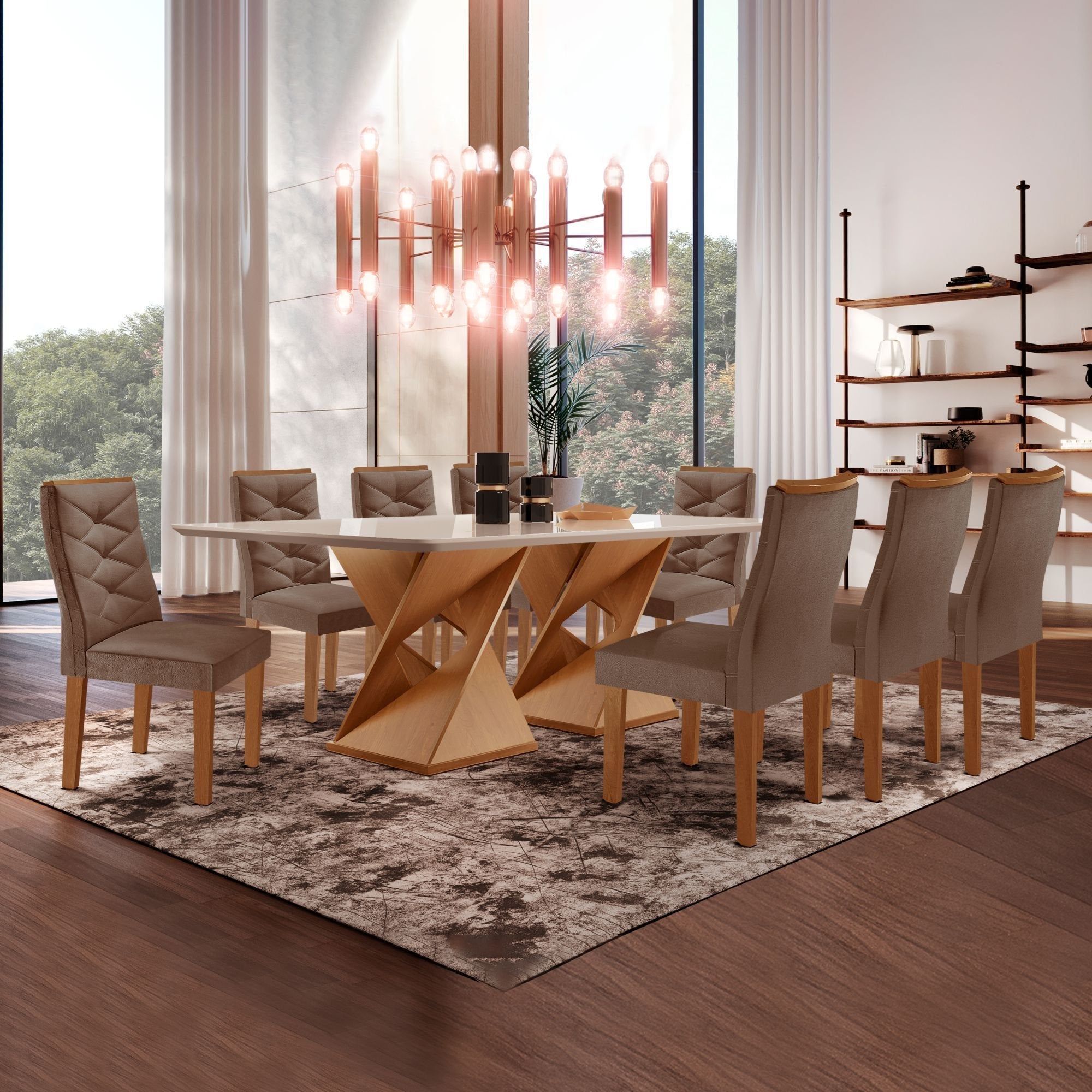 Conjunto Sala de Jantar Mesa Retangular Tampo Vidro com 8 Cadeiras Barcelona Yescasa