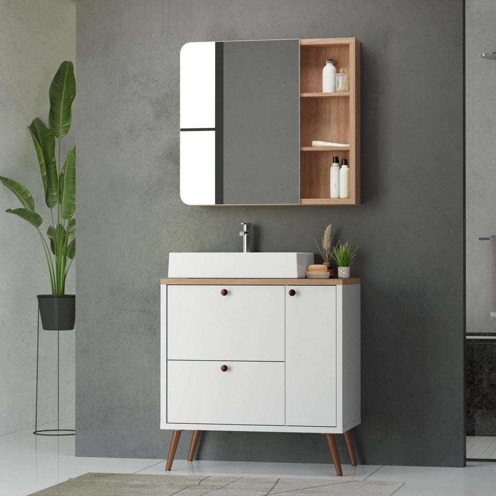 Conjunto para Banheiro Gabinete com Pés Cuba e Espelheira Madri Móveis Bosi 80cm Branco/Tauari