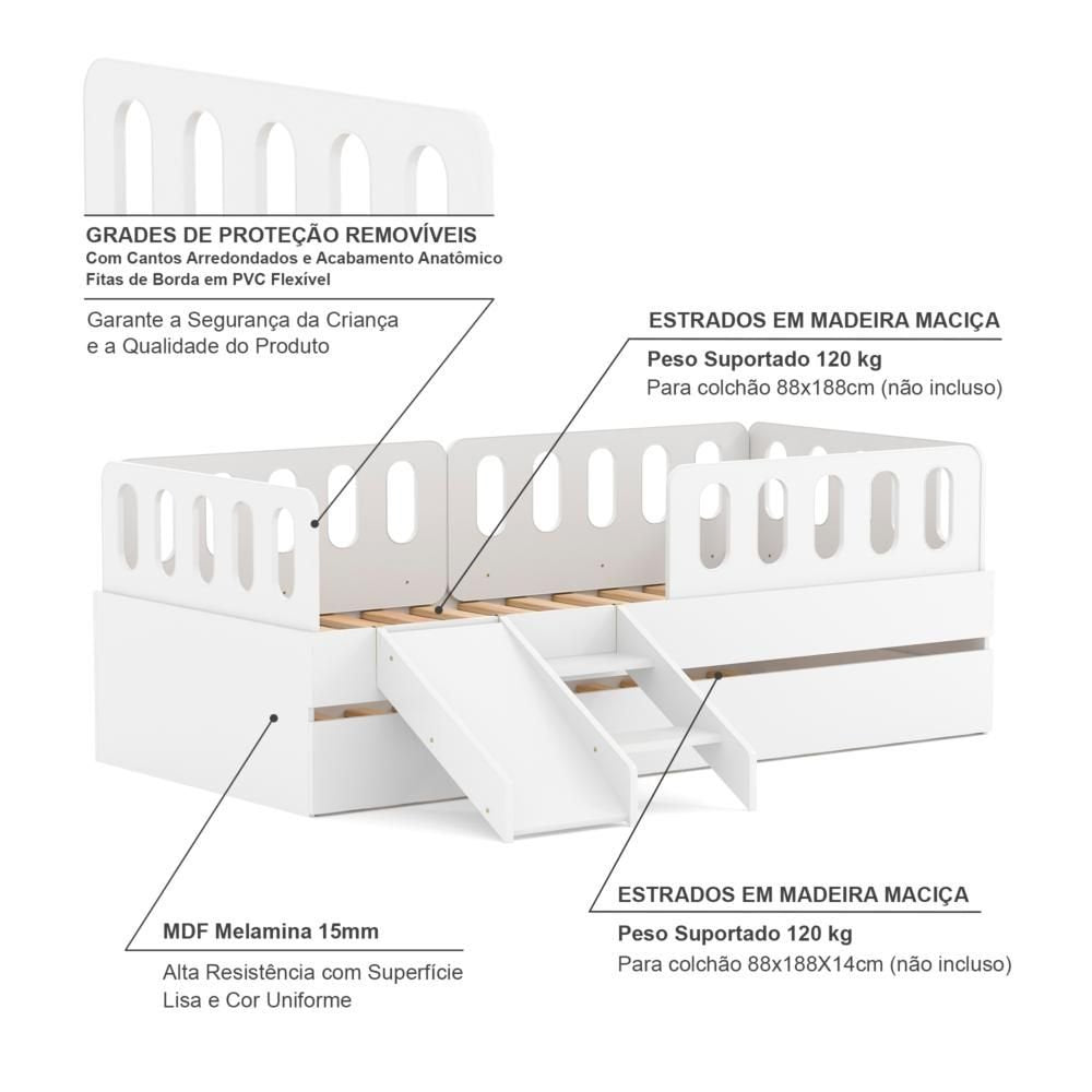 Bicama Solteiro MDF BP com Escadinha e Escorrega 3 Grades Cabeceira Megamobilia Branco