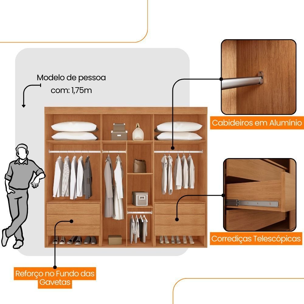 Guarda-Roupa Casal 6 Portas 6 Gavetas Coliseu Moderna Mobília 100% MDF Naturalle/Off White