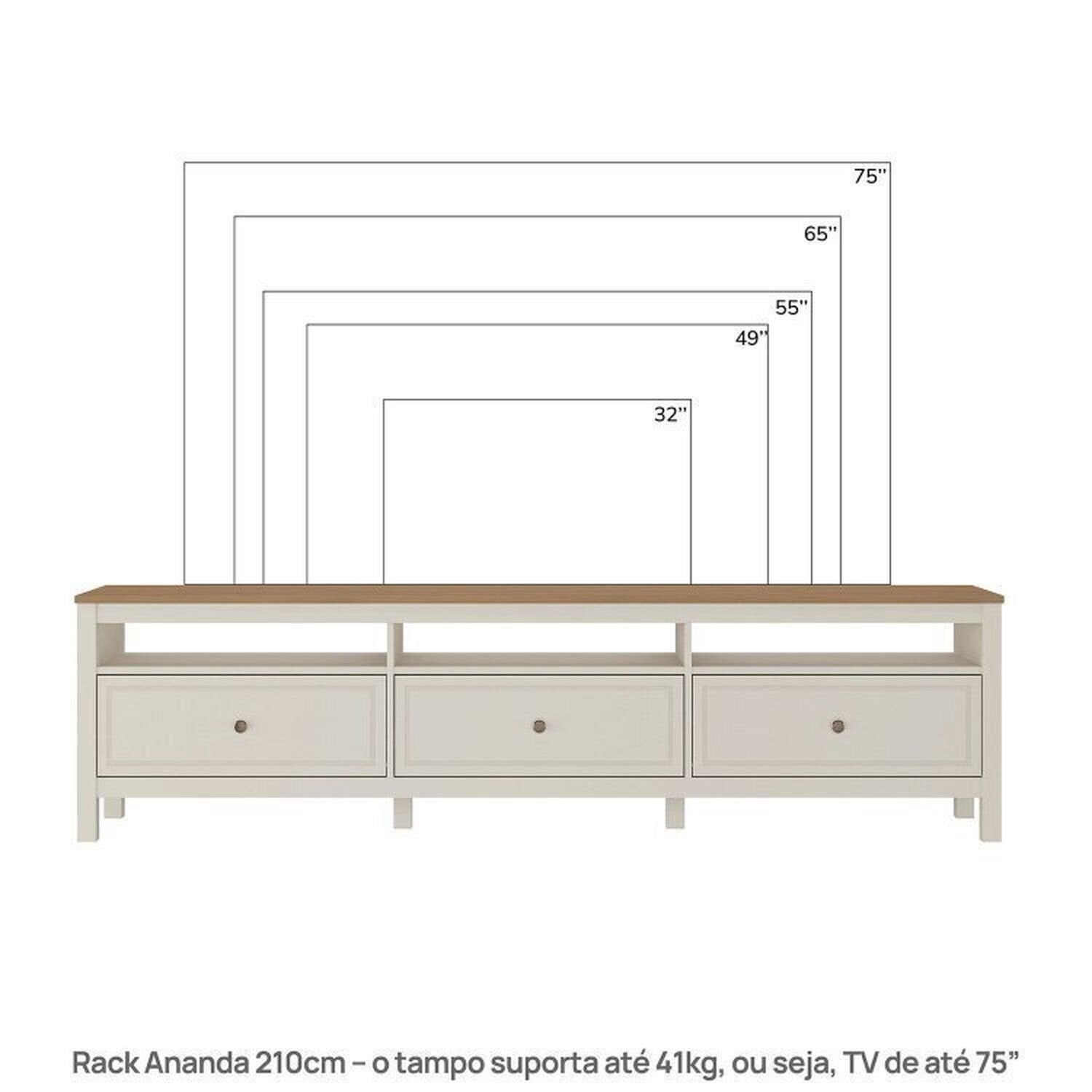 Conjunto Sala Ananda Rack, Estante e Armário Madeira Maciça Off White/Mel CabeCasa MadeiraMadeira