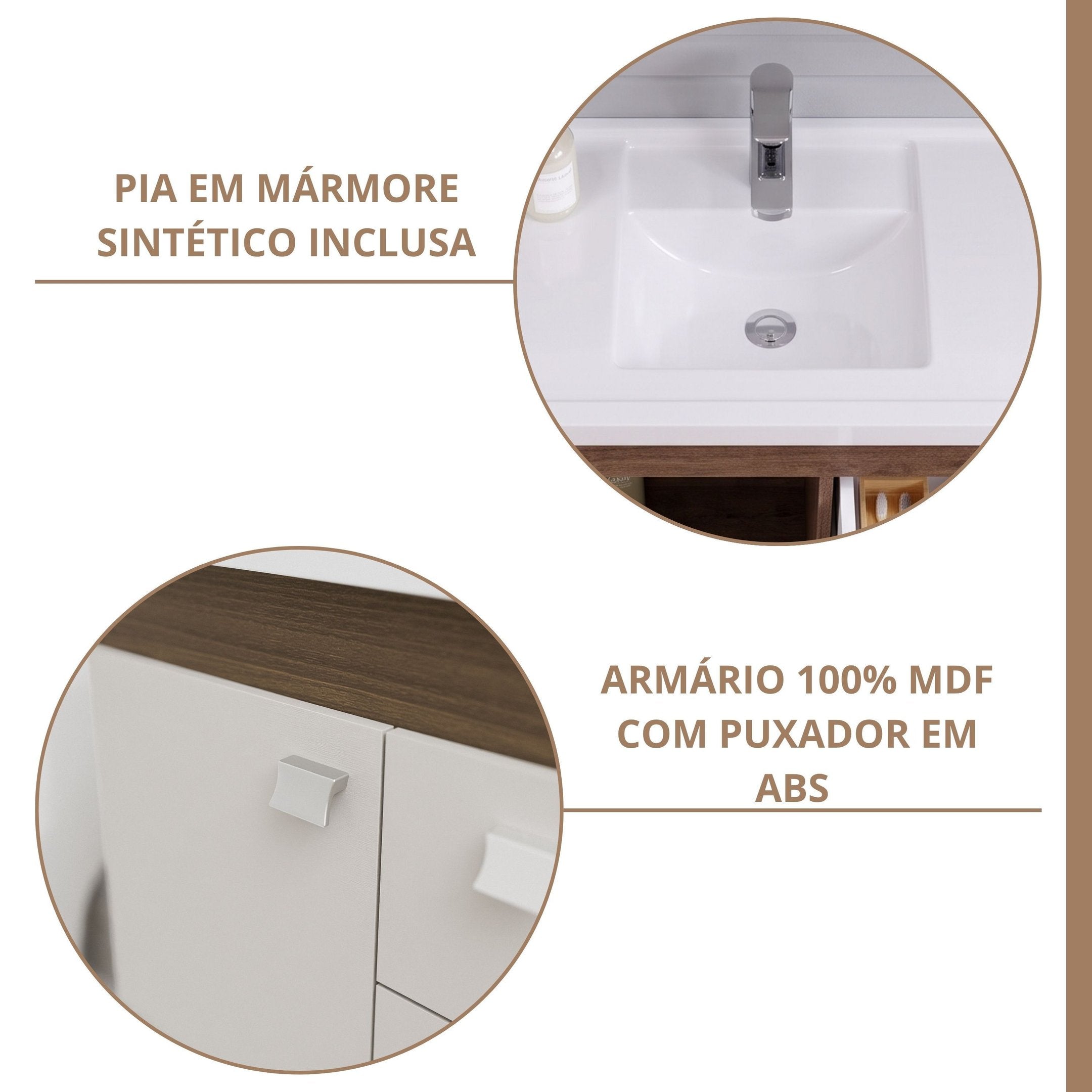 Conjunto para Banheiro Gabinete Suspenso com Cuba e Espelheira Isa MGM Móveis 55cm Marrom/Amêndoa/Off White