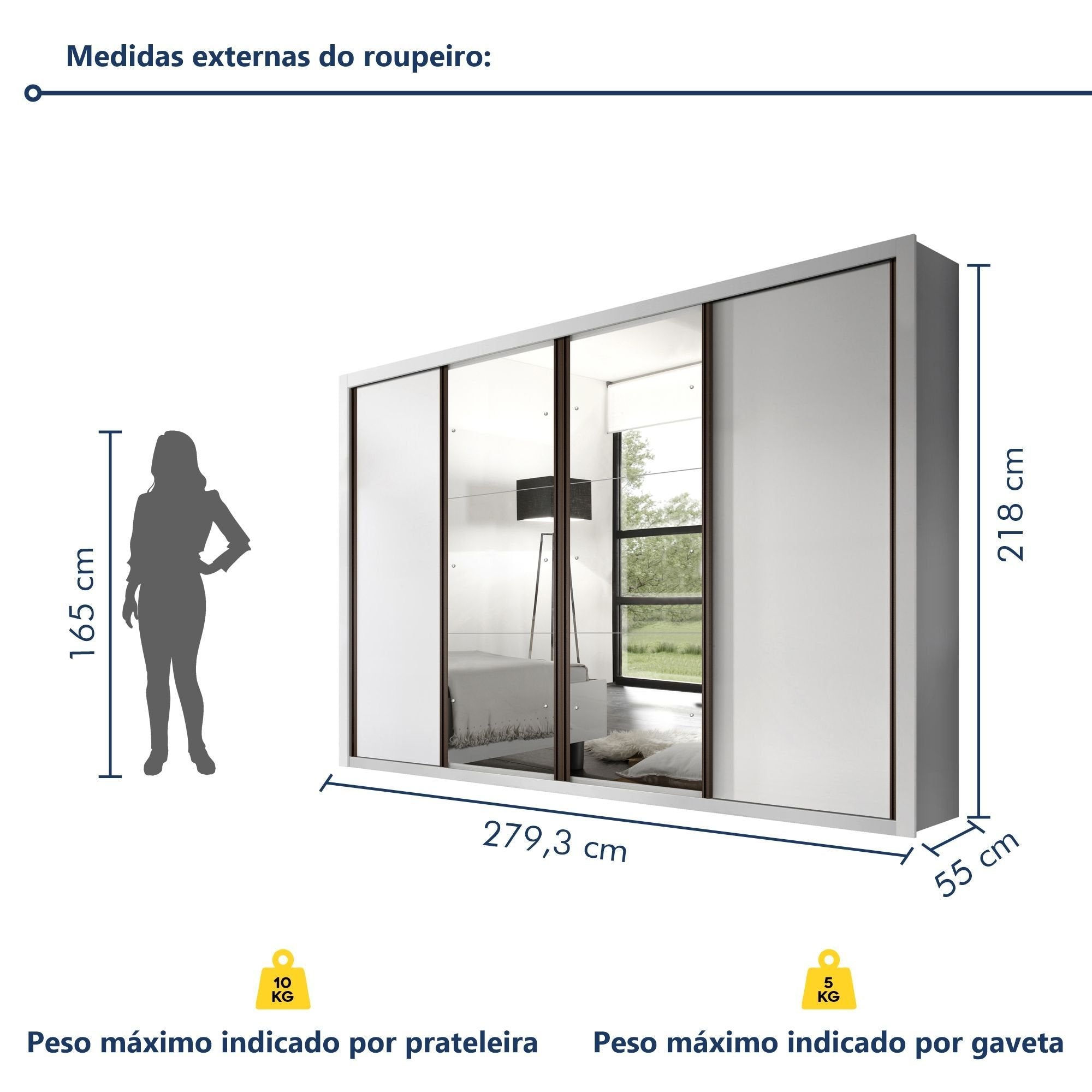 Guarda-Roupa Casal 4 Portas de Correr 4 Gavetas Zara Yescasa MDP Branco