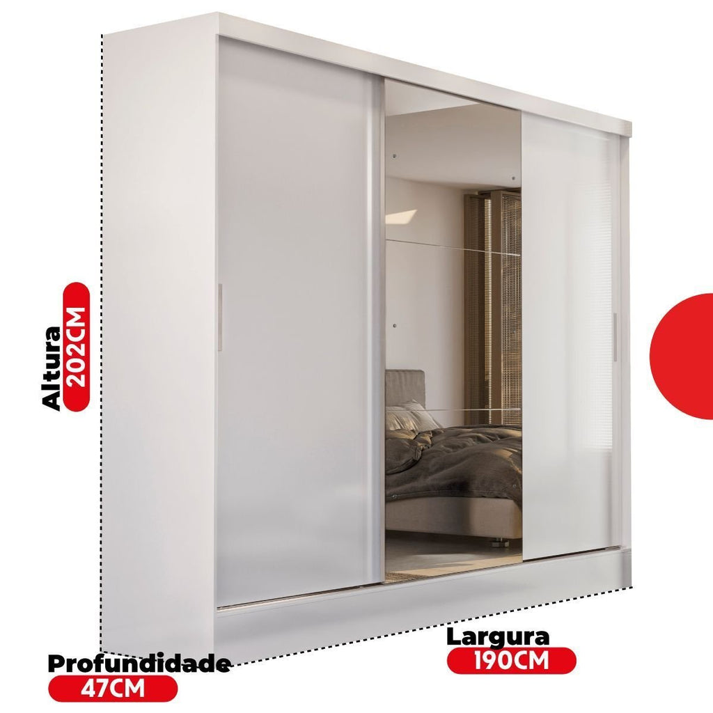 Guarda-Roupa Casal 3 Portas de Correr 4 Gavetas Plata Demóbile MDP Branco