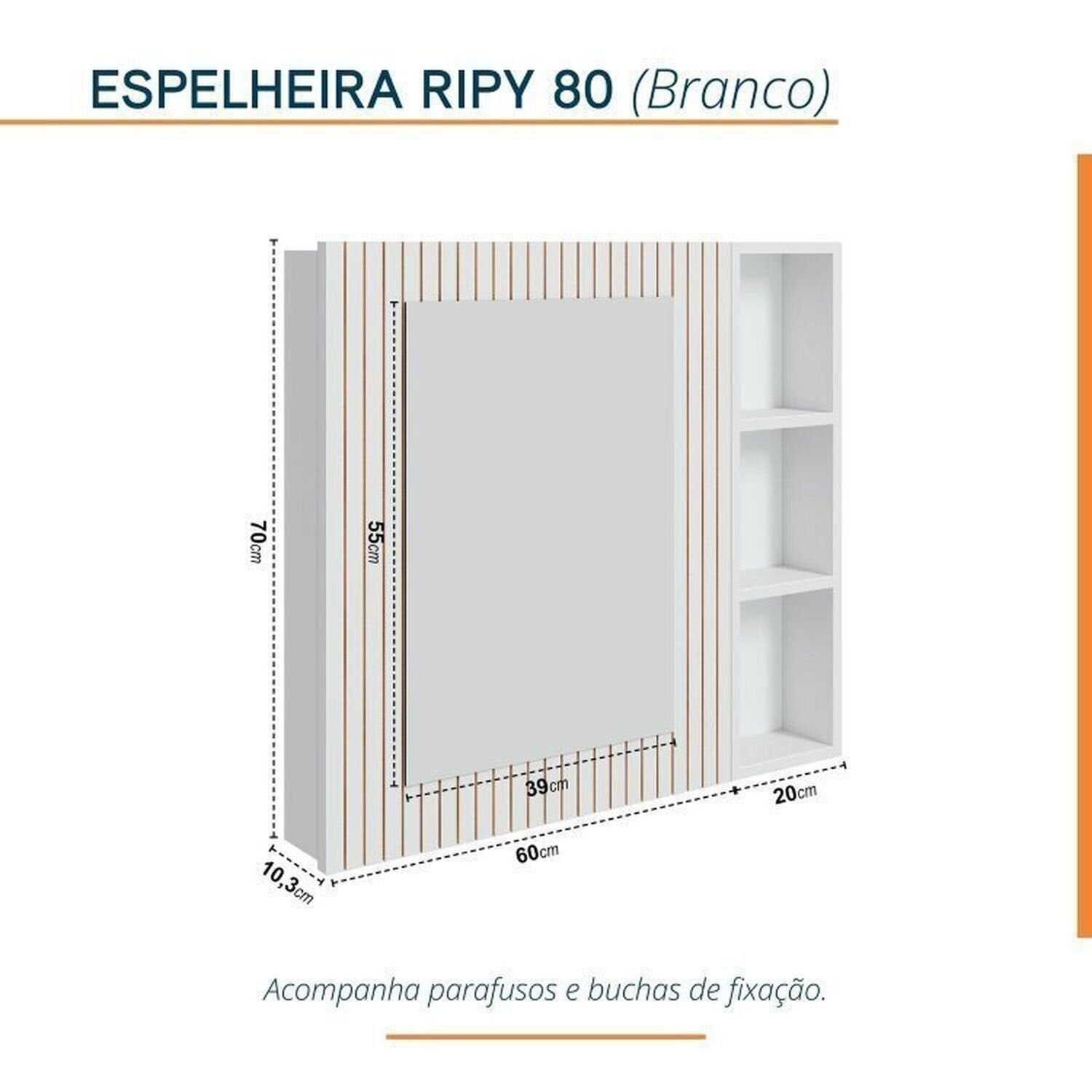 Conjunto para Banheiro Bancada em Porcelanato com Cuba Esculpida, Armário e Espelheira Ripy Bumi 80cm Branco