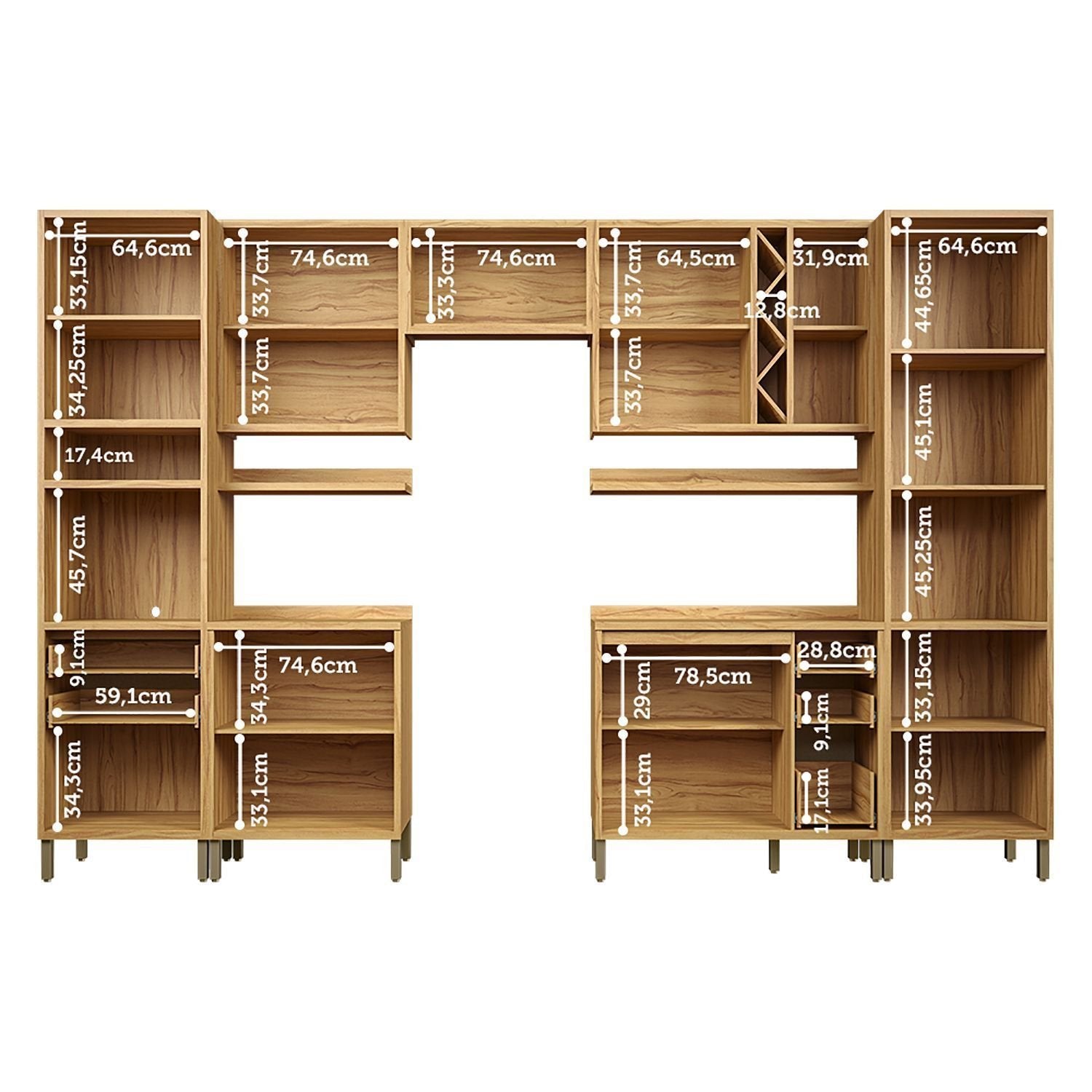 Cozinha Completa Modulada Barbados 7 Peças 16 Portas com Vidro e Tampo 100% MDF Espresso Móveis Bege/Amêndoa/Off White