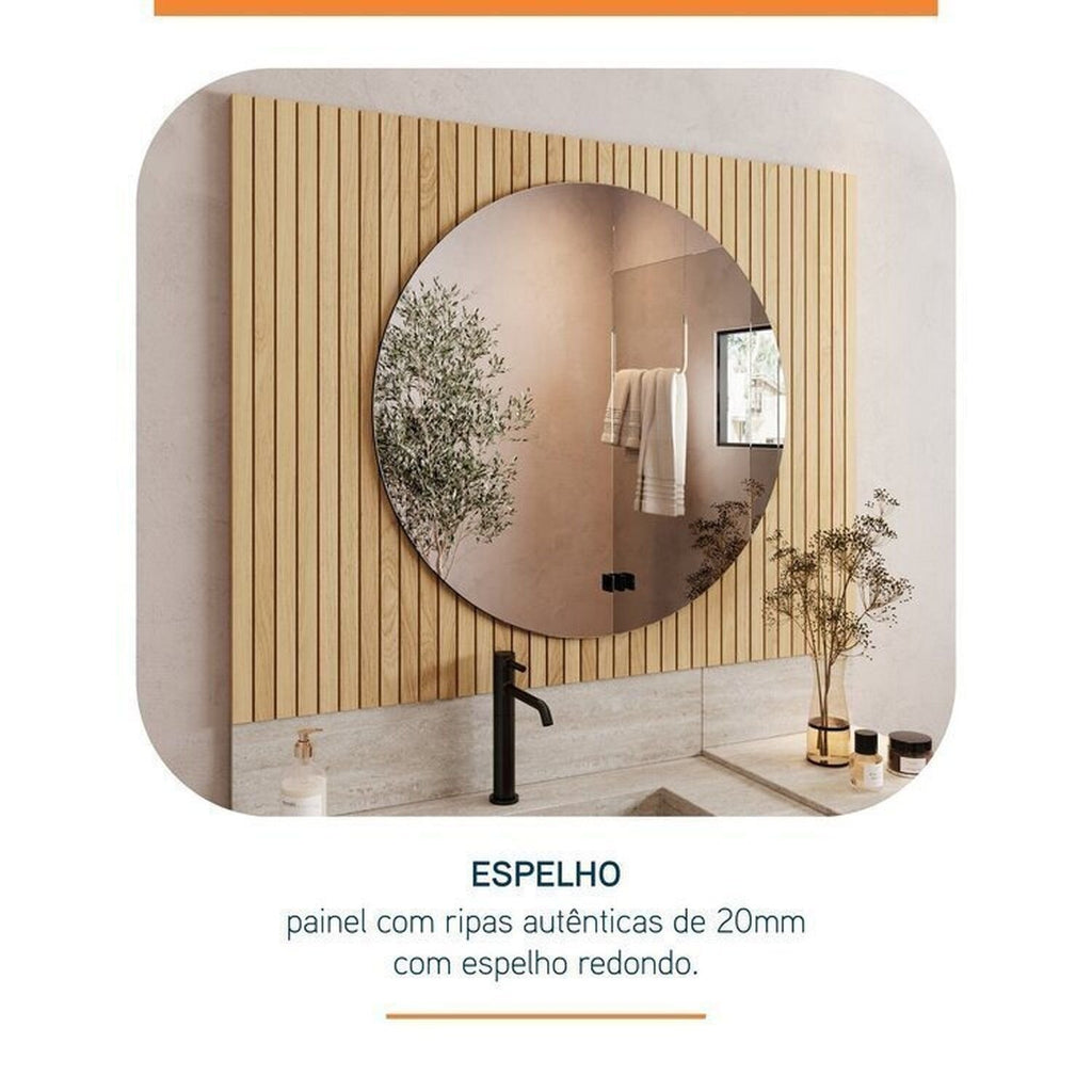 Conjunto para Banheiro Bancada Porcelanato Cuba Esculpida Armário Espelho Ripy Bumi 100cm Amarelo/Wood