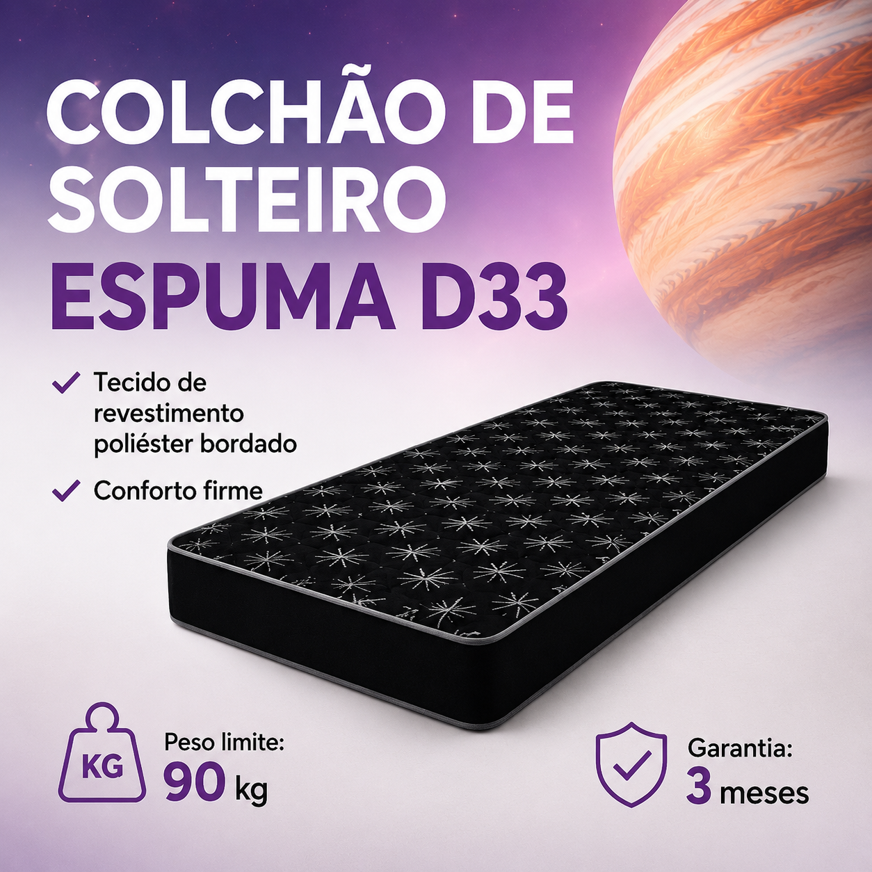 Colchão Solteiro Espuma D33 Jupiter Firme Poliéster 88x188x12cm