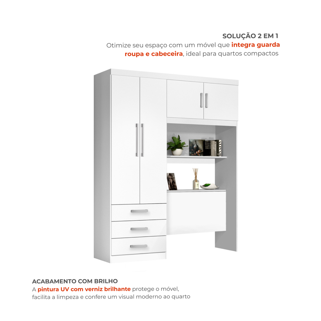 Guarda-Roupa Solteiro 4 Portas 3 Gavetas com Cabeceira e Baú Cancun Yescasa MDP Branco