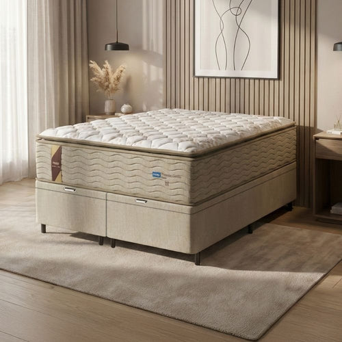 Cama Box Baú Colchão Casal Queen Probel Guarda Costas Max Pillow Top 158x198x81cm Bege