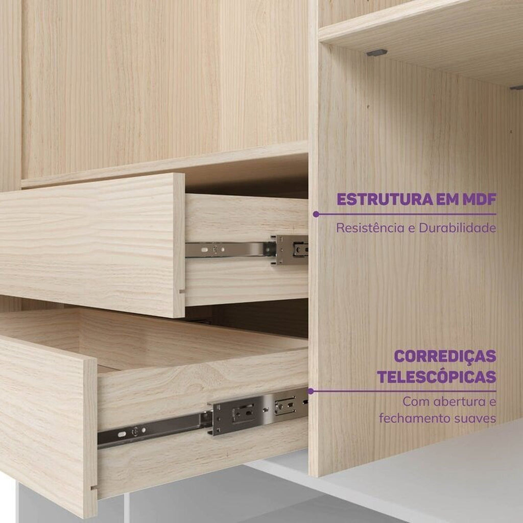 Quarto Completo Infantil Guarda-Roupa Curió, Bicama, Mesa, Estante e Petit Casatema MadeiraOriginals Branco/Mel