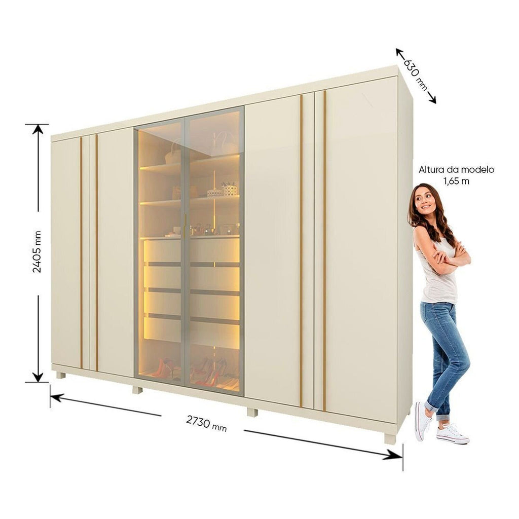Guarda-Roupa Casal 6 Portas com Pés e LED Absolut New Reflecta 100% MDF Off White Gelius Móveis