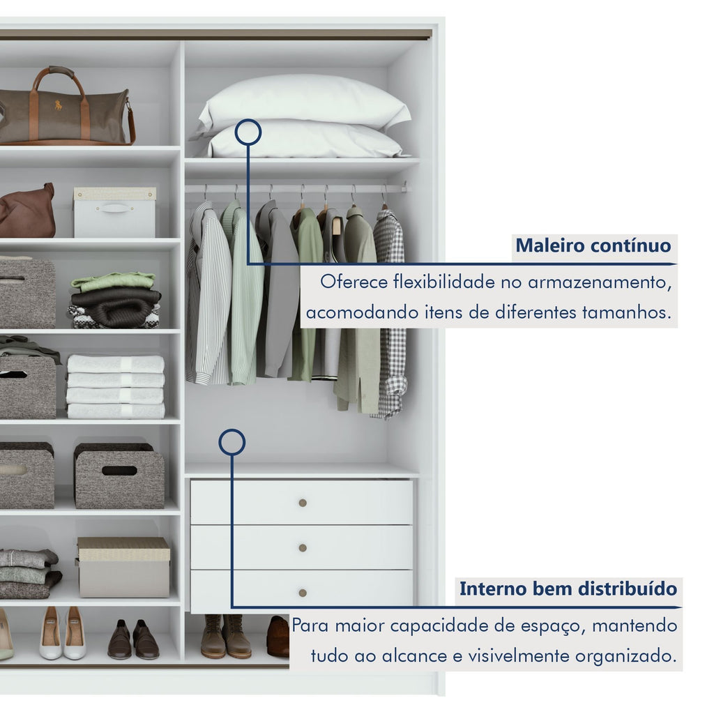 Guarda-Roupa Casal 3 Portas de Correr 6 Gavetas 270cm Spazio Yescasa 100% MDF Branco