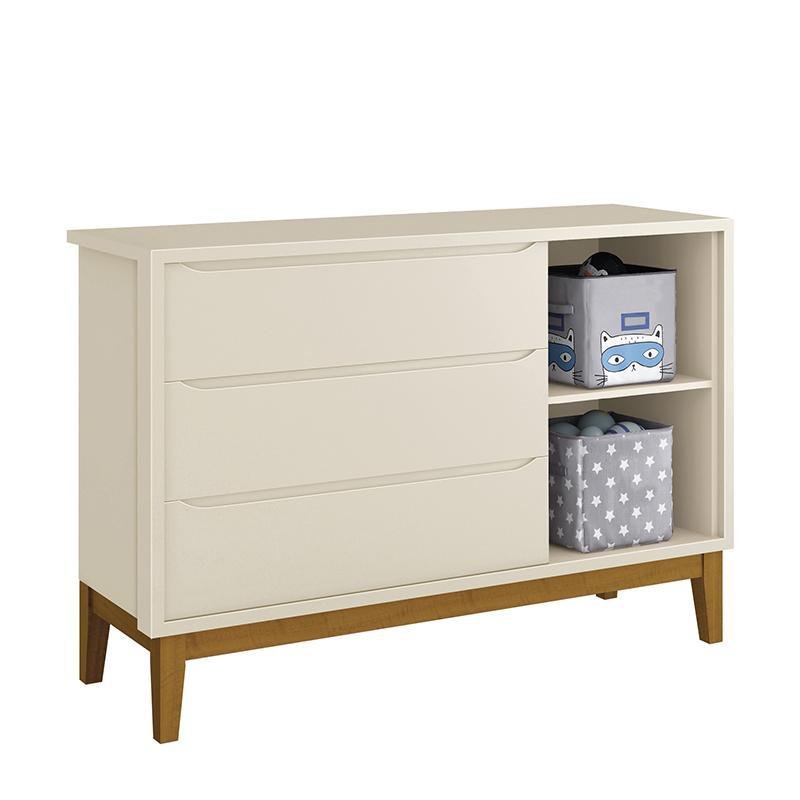 Jogo de Quarto Infantil Guarda-Roupa 3 Portas e Cômoda 1 Porta Classic Reller Móveis Areia Fosco com Pés