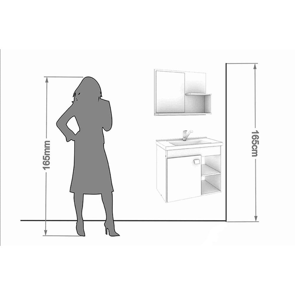 Balcão Suspenso para Banheiro Lótus Bia MGM 1 Porta 2 Nichos com Armário Espelheira e Cuba 55cm Amêndoa/Off White