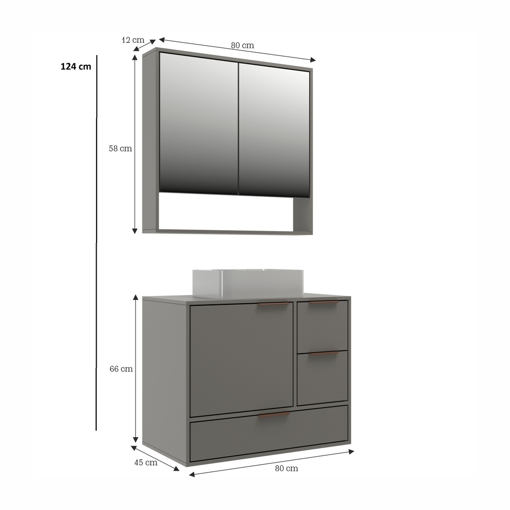 Conjunto Gabinete para Banheiro Yescasa Prime Modulado 801 80cm Cuba e Espelheira Cinza/Cimento