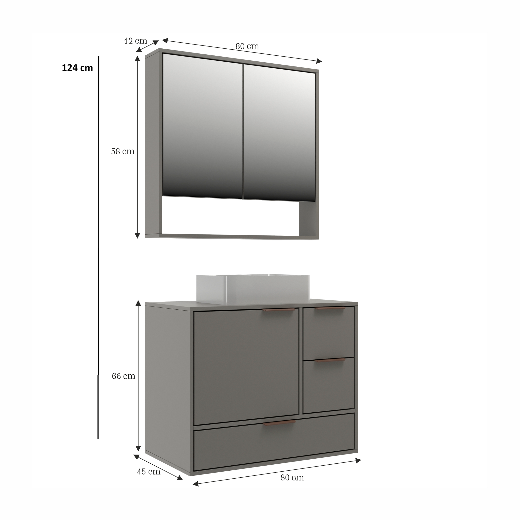 Conjunto Gabinete para Banheiro Yescasa Prime Modulado 801 80cm Cuba e Espelheira Cinza/Cimento