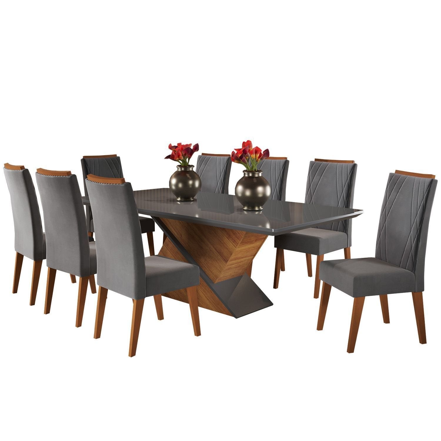 Mesa de Jantar Retangular Pipa com 8 Cadeiras Madeira Maciça Vegas Yescasa Cinza/Mel/Grafite
