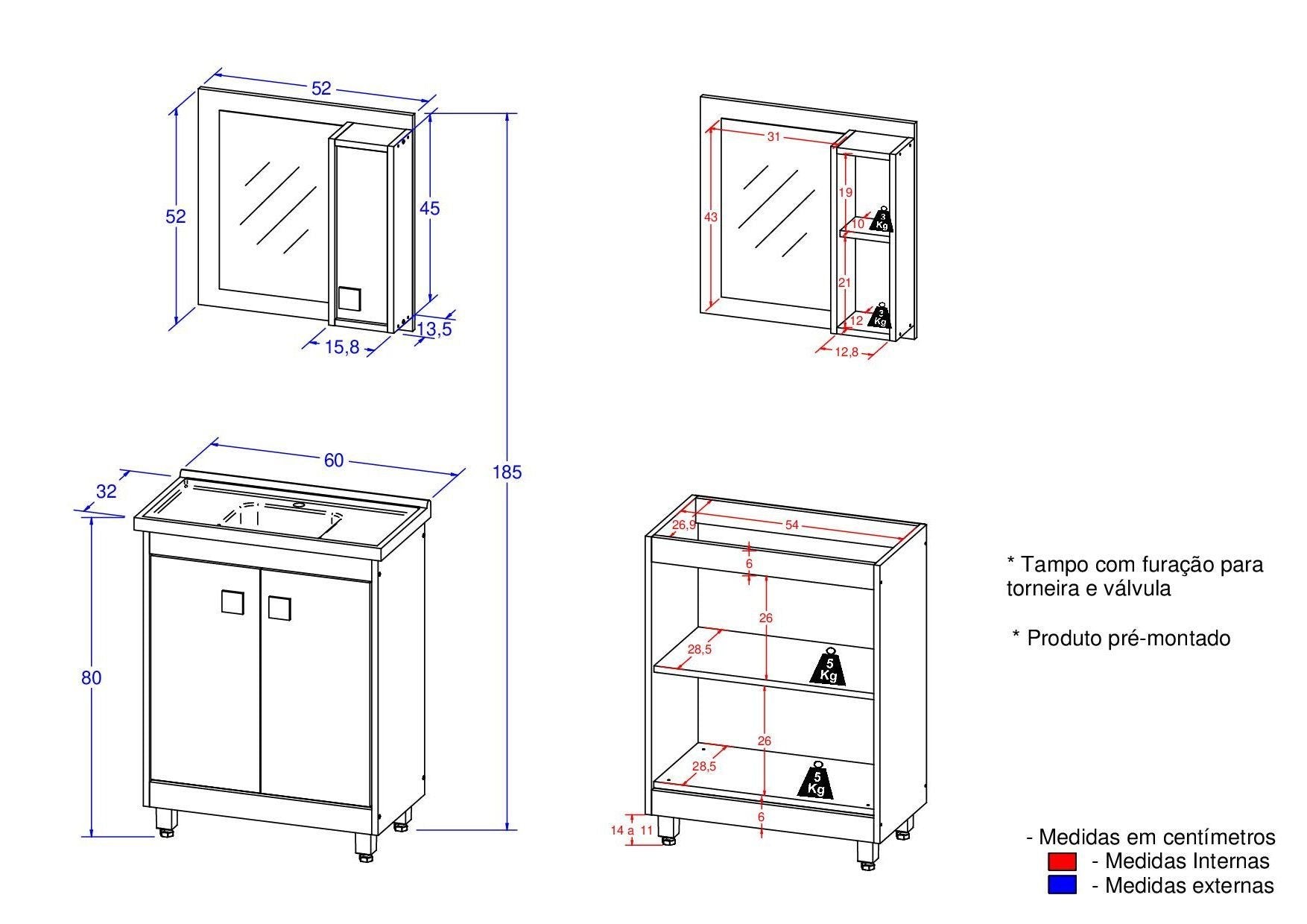 Conjunto para Banheiro Gabinete Suspenso com Cuba e Espelheira Essenza Ozini 60cm Lamina Mel/Branco