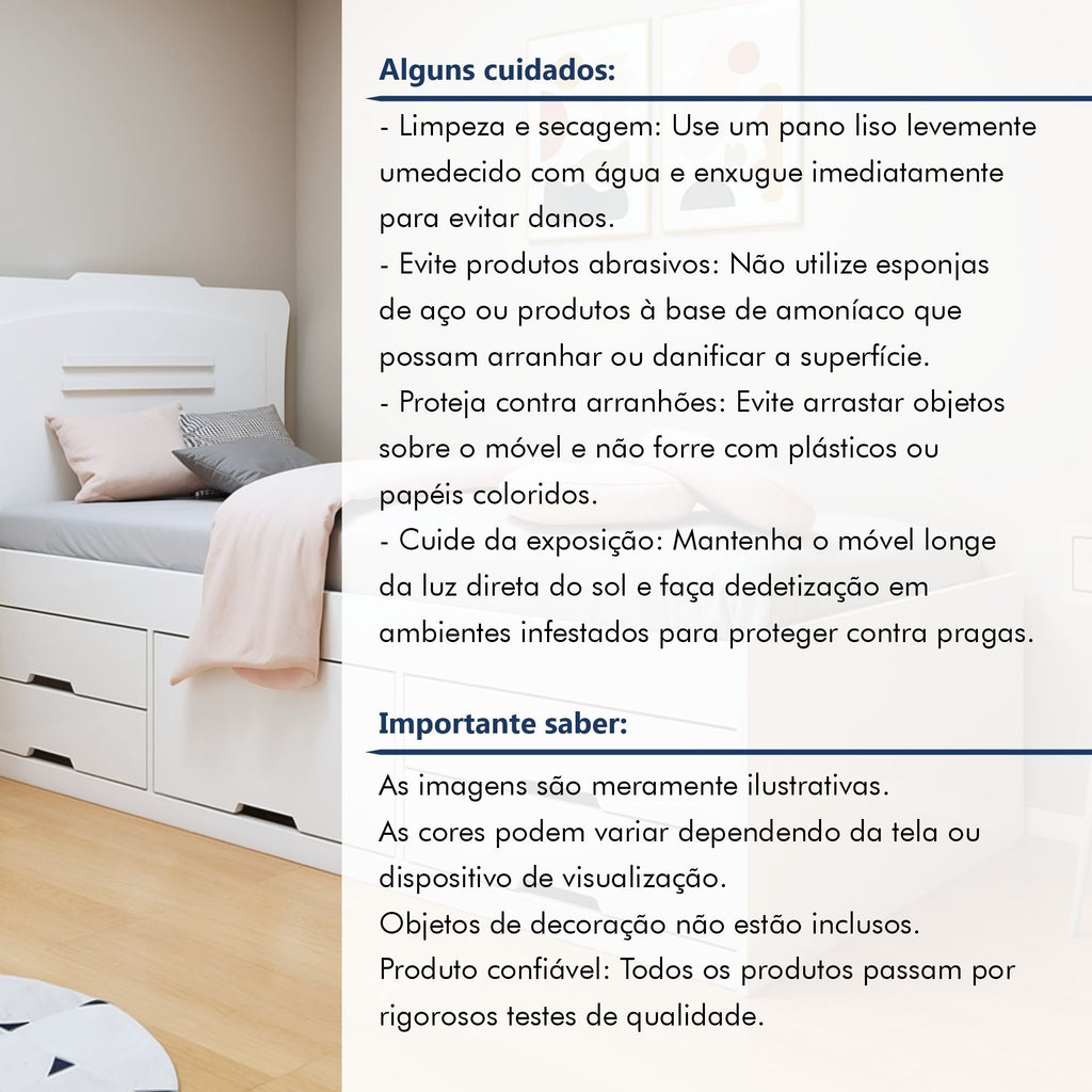 Cama Solteiro 5 Gavetas Júlia Conquista Móveis Branco