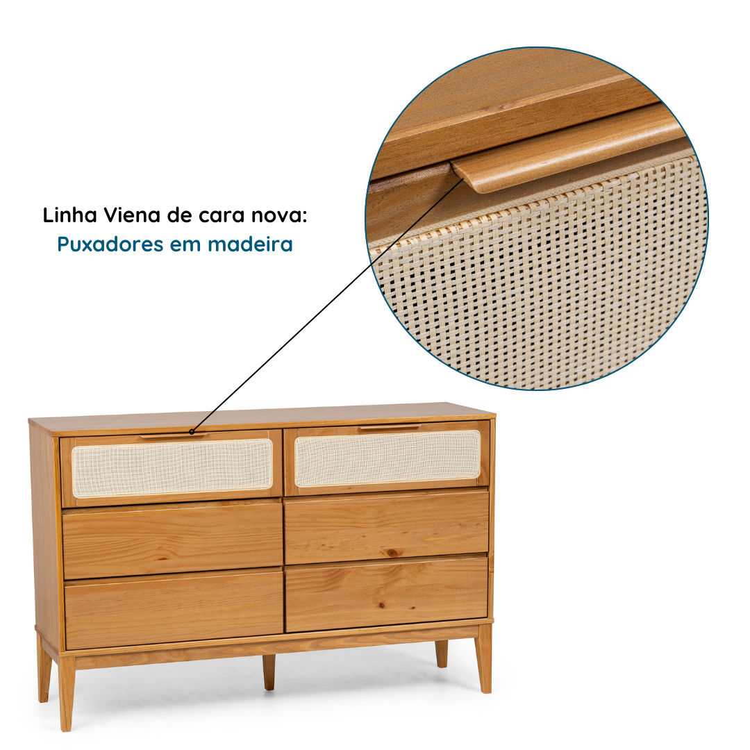Cômoda 6 Gavetas Madeira Maciça com Telinha Rattan Viena Mel Marrom Artemobili