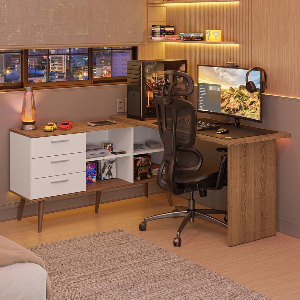 Escrivaninha em L Mesa Gamer 3 Gavetas Lisboa Madesa