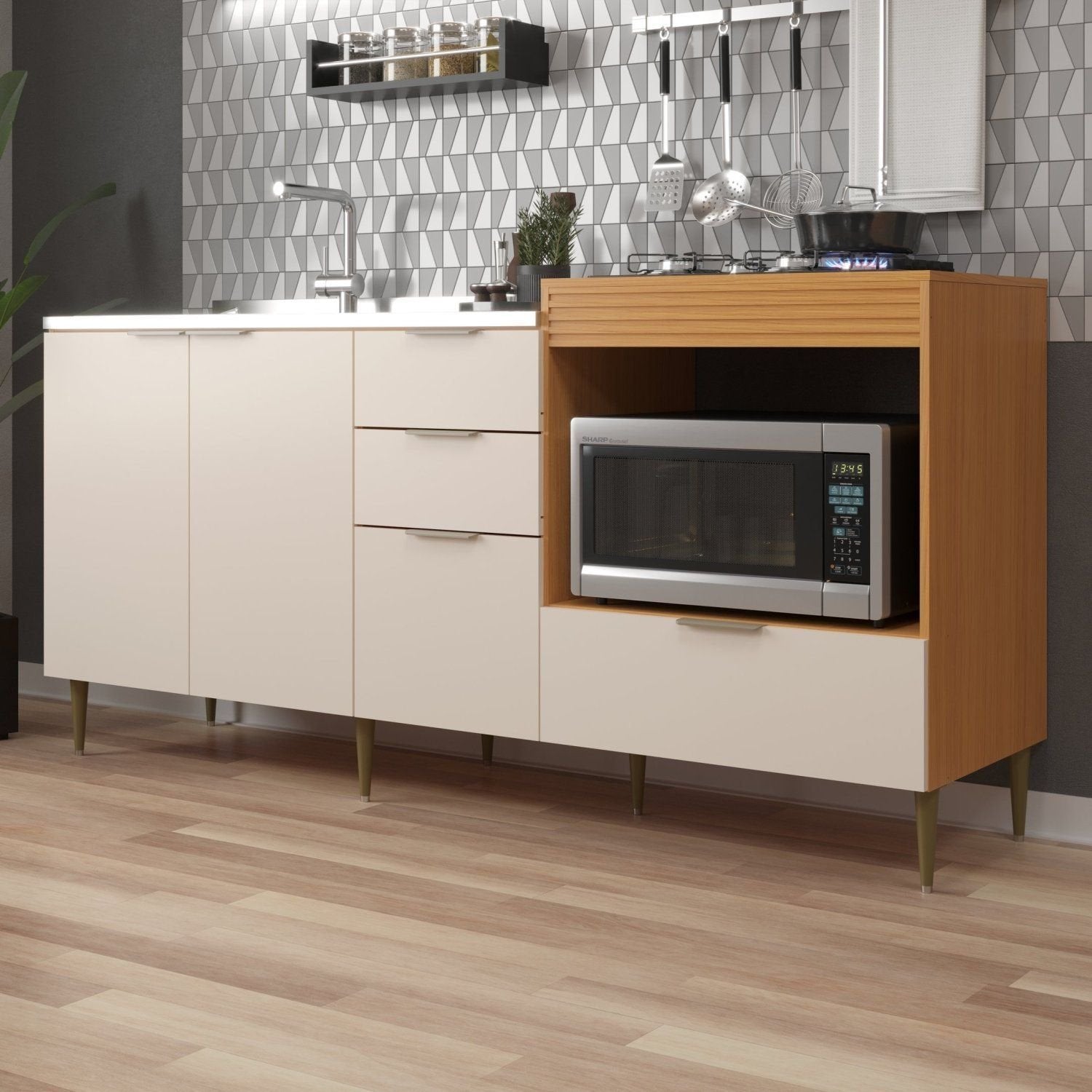 Balcão para Pia e Cooktop 4 Portas 2 Gavetas 190cm Alice Angelin e Off White Yescasa Laranja/Premium