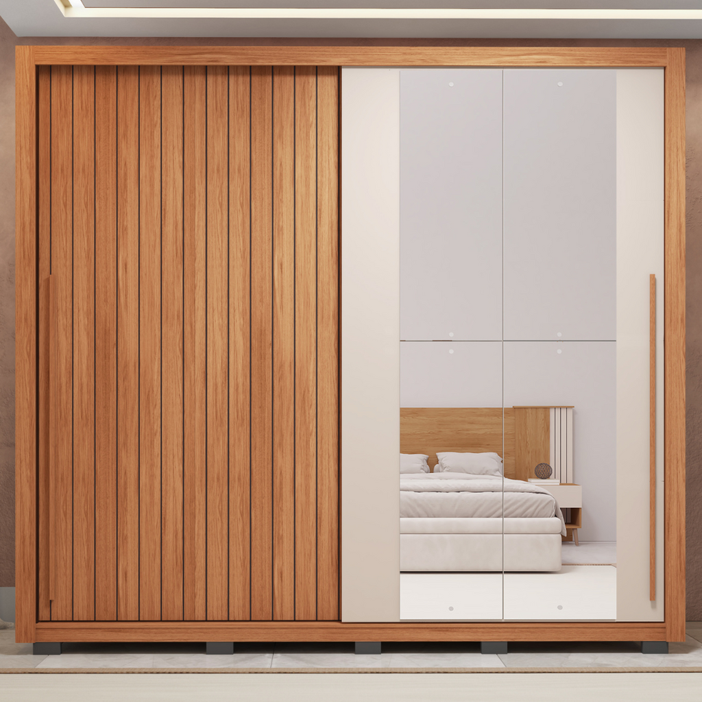 Guarda-Roupa Casal Ripado 2 Portas 4 Gavetas com Espelho Suburban Caemmun 100% MDP/MDF Freijó/Off White