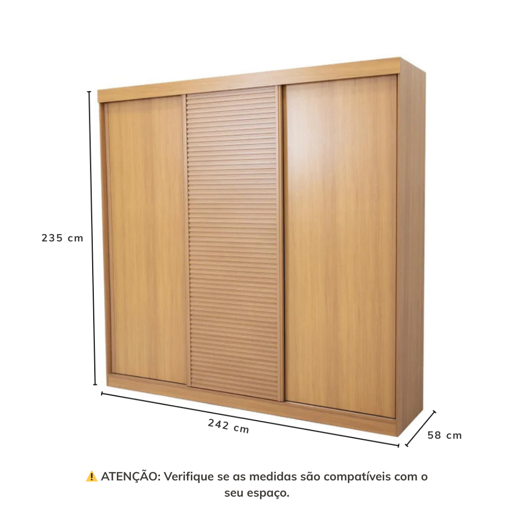 Guarda-Roupa Casal 3 Portas de Correr Samambaia CabeCasa MadeiraOriginals 100% MDP/MDF Carvalho