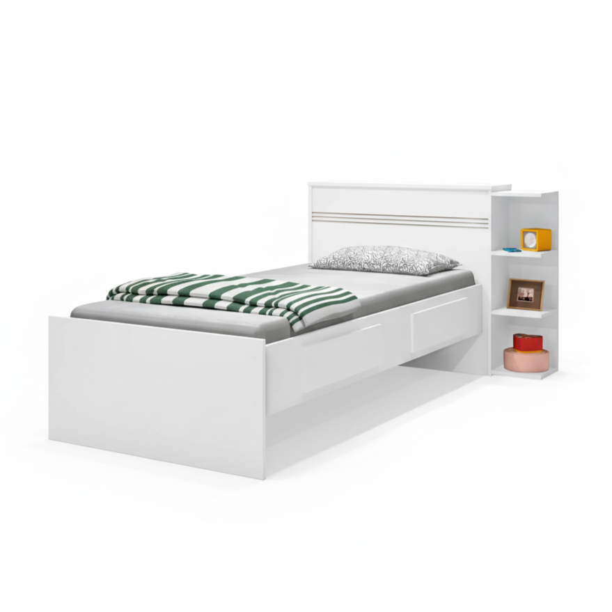 Cama Solteiro com Baú 2 Gavetas e 3 Nichos Jade J&A Móveis Branco