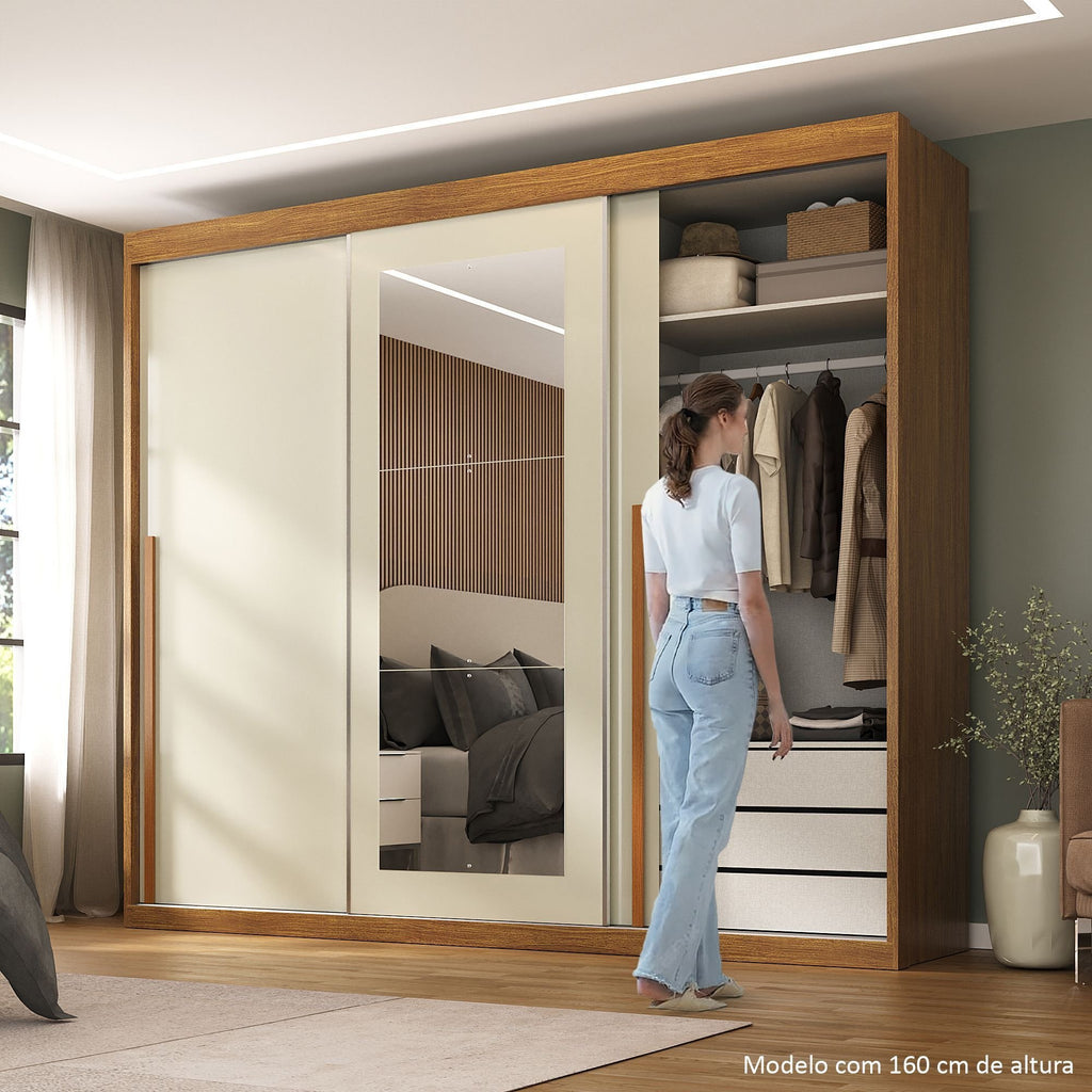 Guarda-Roupa Casal 3 Portas de Correr 6 Gavetas Spazio Yescasa 100% MDF Off White/Cinamomo