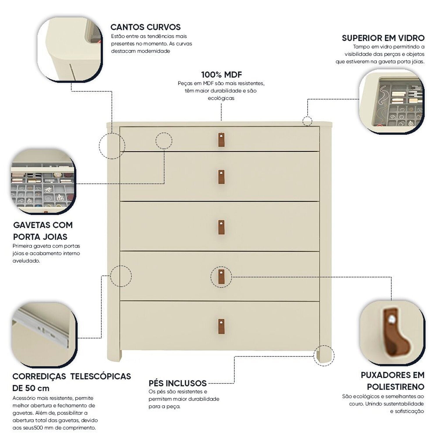 Ilha 5 Gavetas com Pés Innova 100% MDF Gelius Móveis Branco/Off White