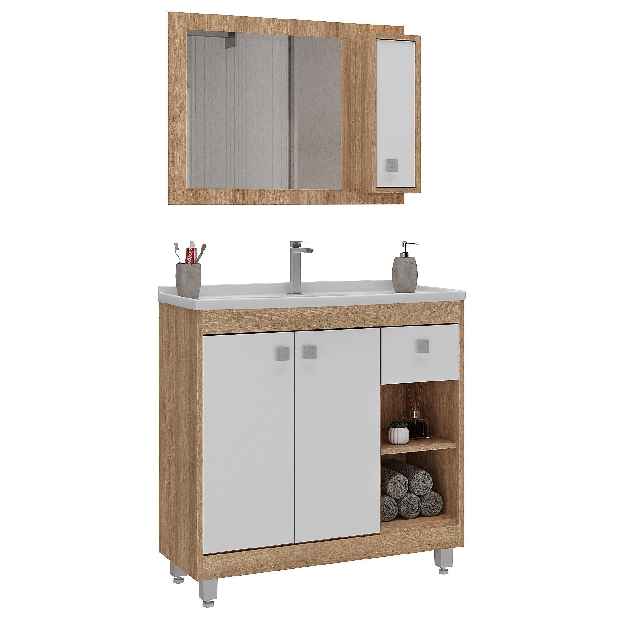 Conjunto para Banheiro Gabinete Suspenso com Cuba e Espelheira Essenza Ozini 80cm Branco