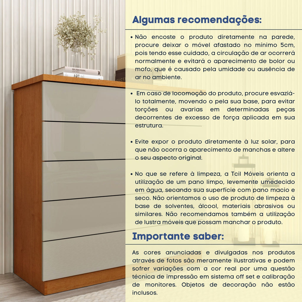 Cômoda 5 Gavetas 86cm Premium Tcil Móveis Bege/Cinamomo/Off White