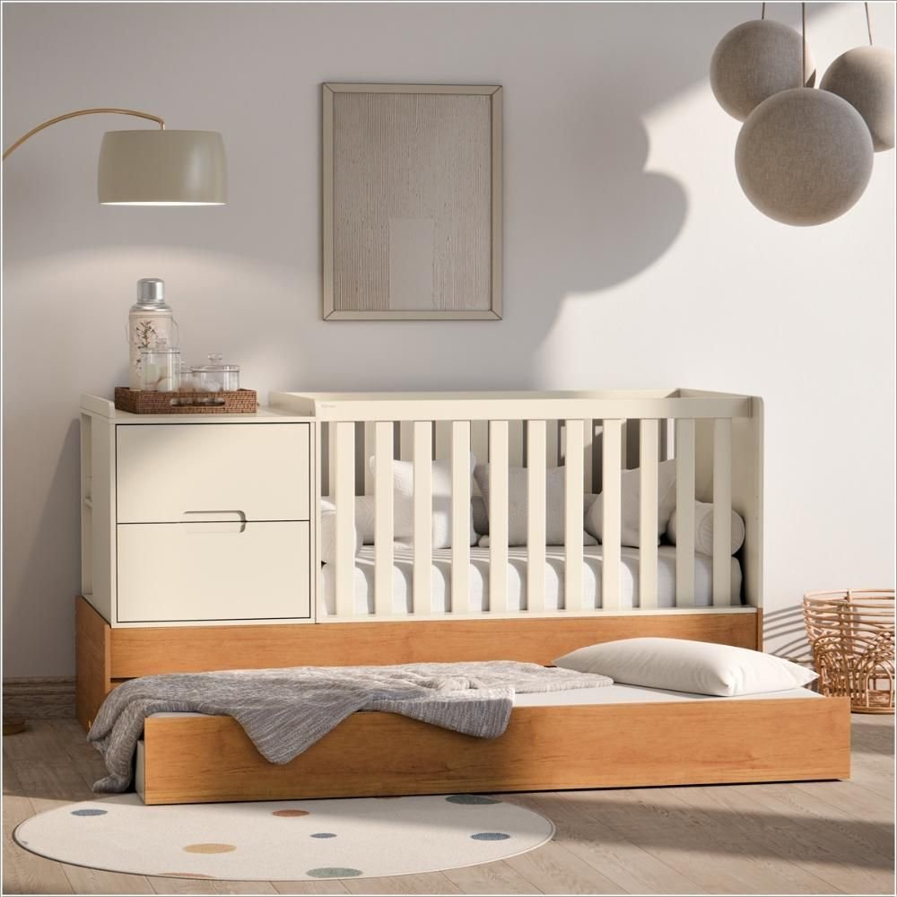 Berço Laqueado 100% MDF Formare com Gavetas e Nicho Off White/Freijó 61510 Matic