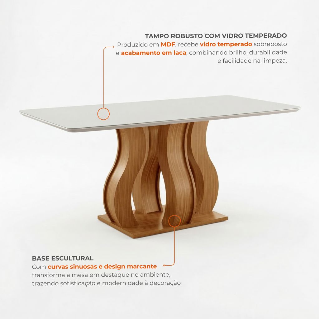 Conjunto Sala de Jantar Mesa Retangular Tampo Vidro/MDP com 6 Cadeiras Atena Estofadas Suede Espresso Móveis Castanho/Cinamomo/Bege Marrom/Pena/Off White