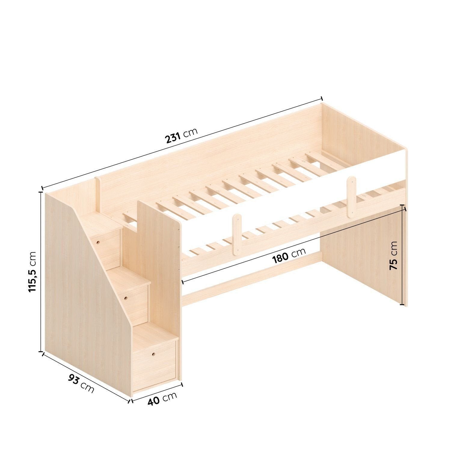 Cama Elevada Infantil com Escada e Gavetas Artsy MadeiraOriginals Casatema