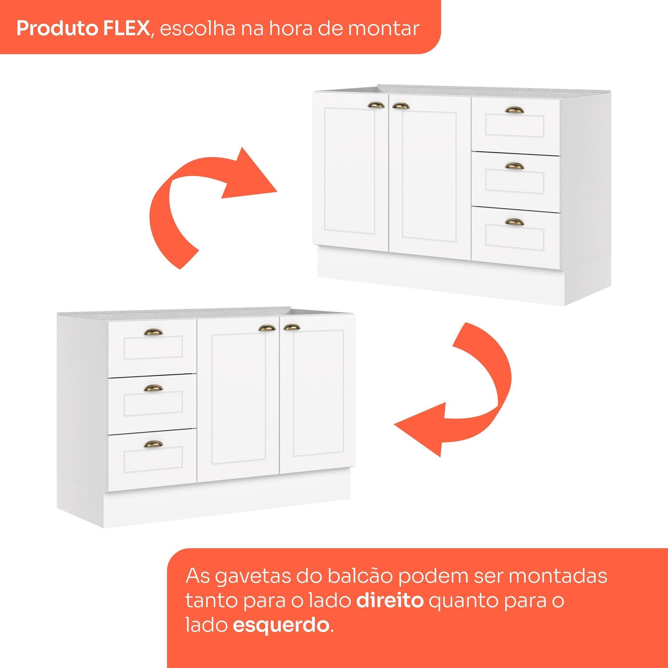 Balcão para Cozinha 3 Gavetas 2 Portas com Tampo Emily Espresso Móveis Branco/HP/Calcare