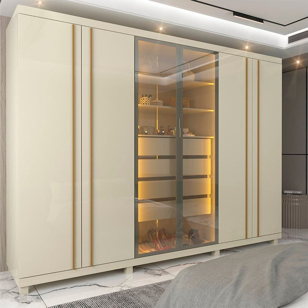 Guarda-Roupa Casal 6 Portas com Pés e LED Absolut New Reflecta Gelius Móveis 100% MDF Off White