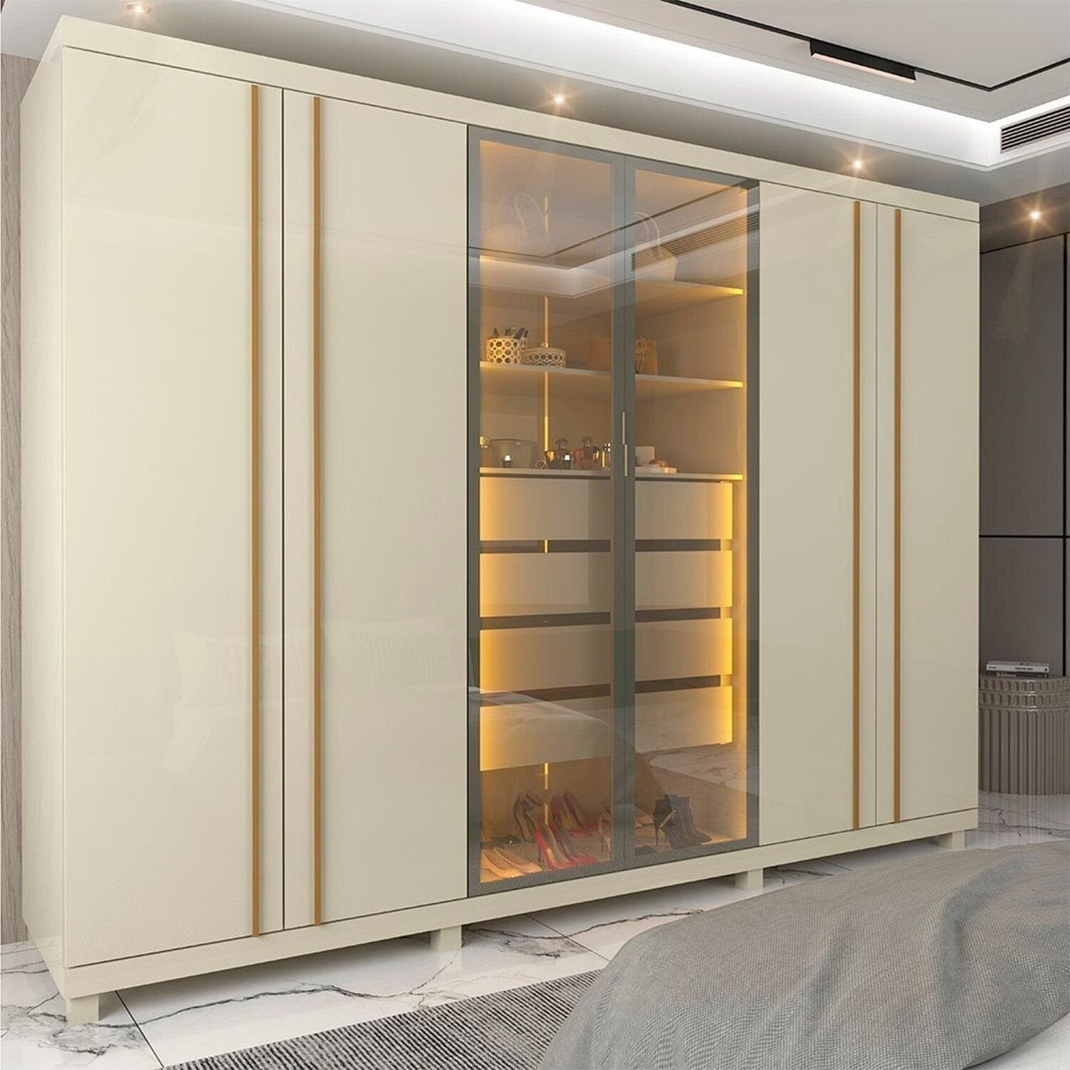 Guarda-Roupa Casal 6 Portas com Pés e LED Absolut New Reflecta Gelius Móveis 100% MDF Off White