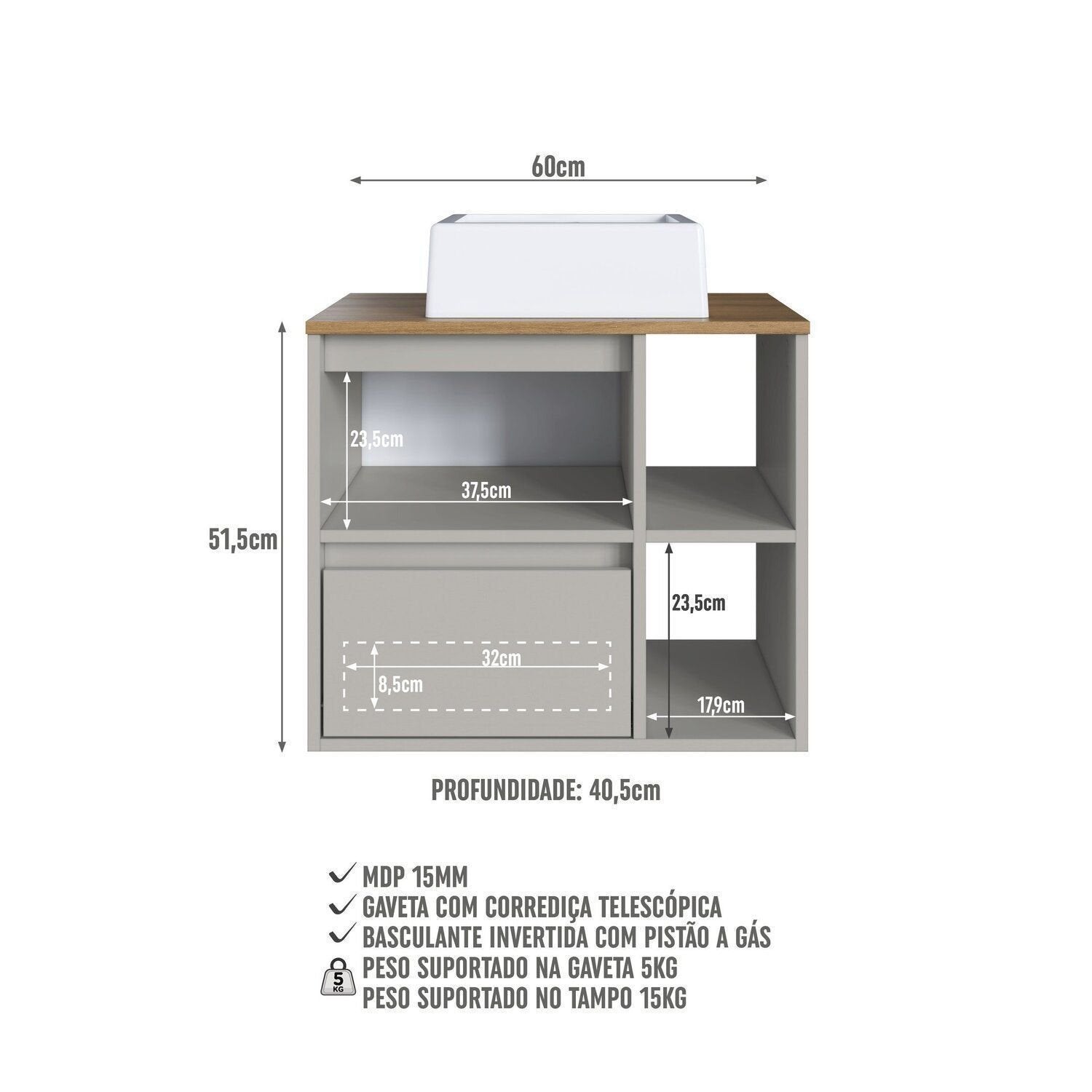 Conjunto para Banheiro Modulado Yescasa 156cm 5 Peças Cuba LED Bege/Mel/Arenas